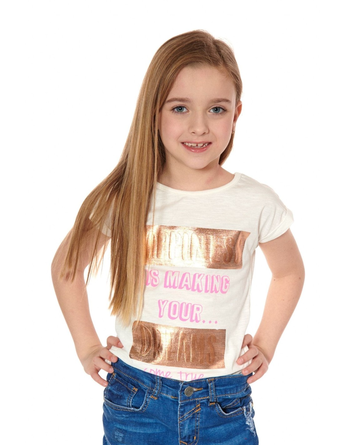 Girls\' T-shirt with inscriptions, cream, NDZ8194 - Online store - Boutique